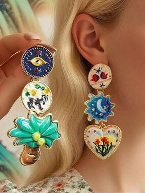 Whimsical Artistic Statement Drop Earrings – Celestial & Floral Design
